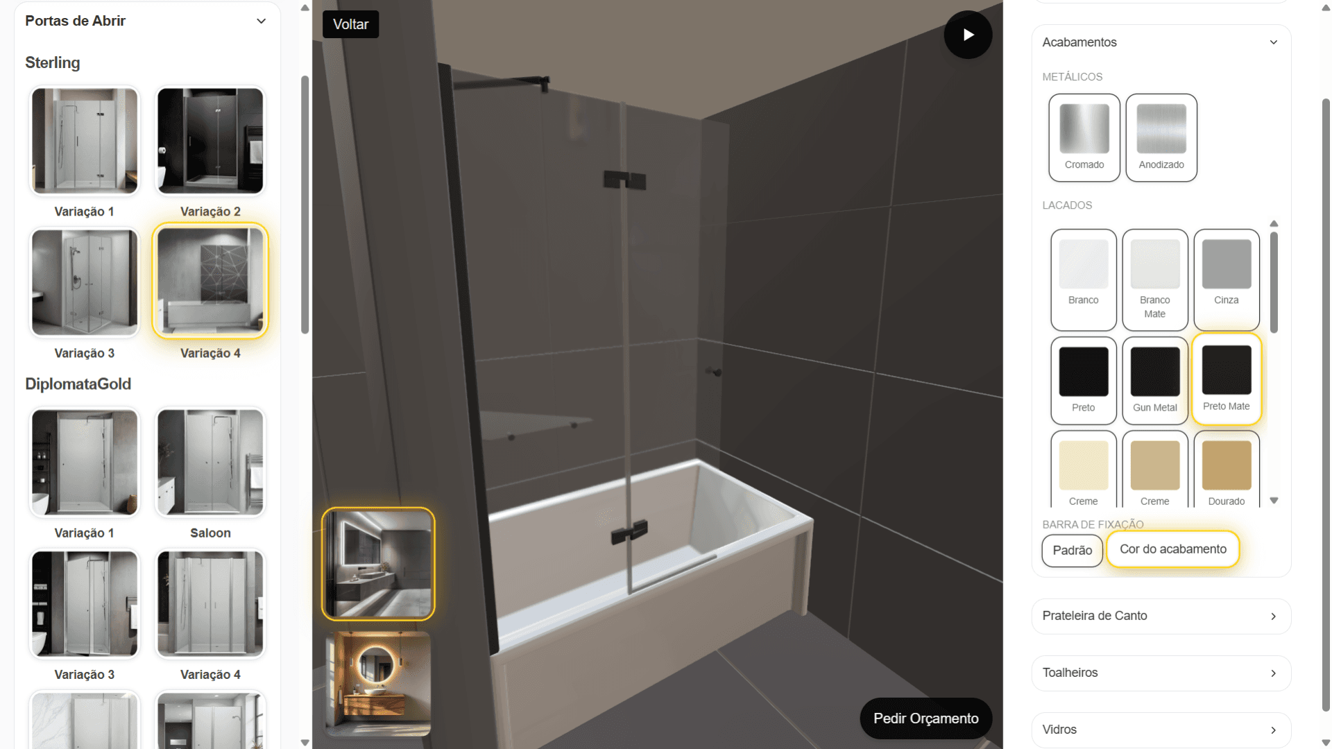 Configurador 3D Goldstar com um perfil alternativo numa cor diferente, demonstrando variações de personalização.